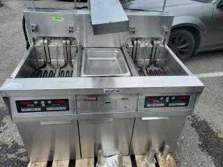 Frymaster Electric Fryer FH22BLCSC, 480V, 60 Hz, 3 PH. Dual fry wells, digital controls, stainless steel, used condition.
