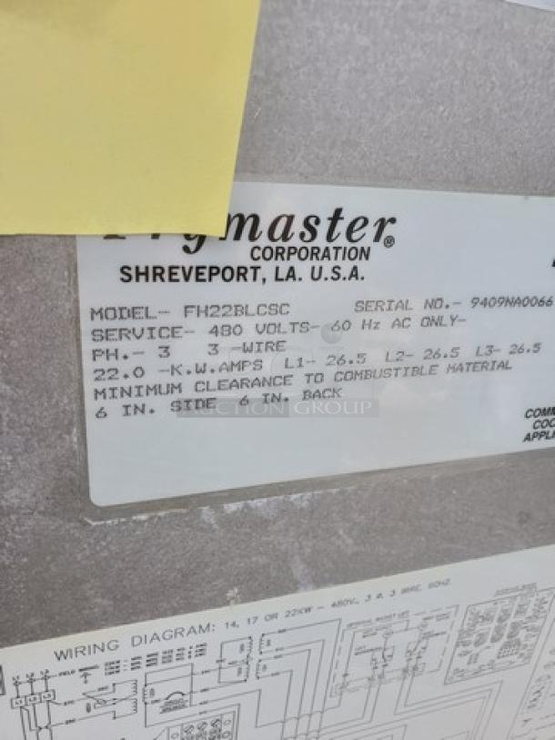 Frymaster Electric Fryer label showing model FH22BLCSC, 480V, 60 Hz, 3 PH, wiring diagram visible.