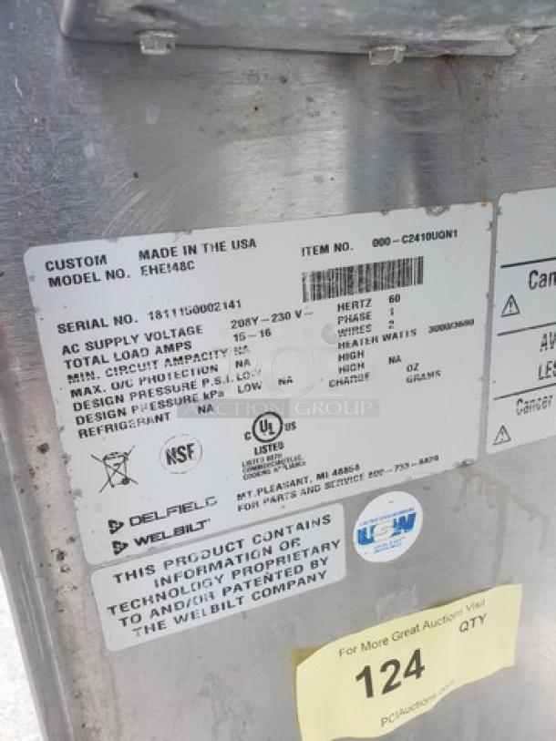 Delfield EHEI48C 48" Hot Food Table, stainless steel, detailed label with model and electrical specs, good condition.