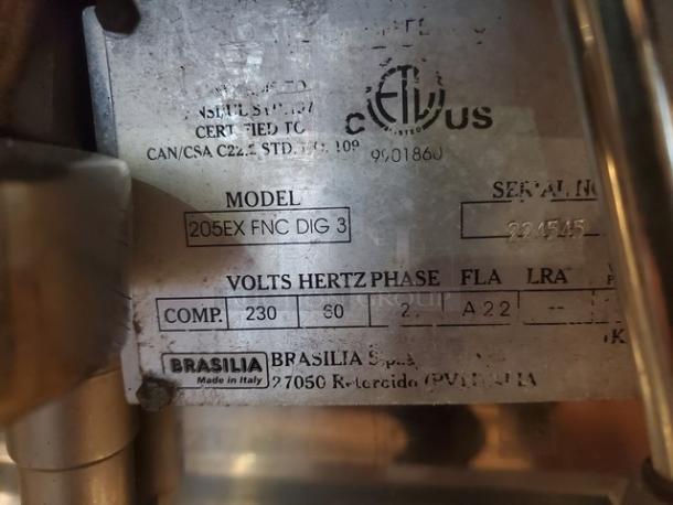 Brasilia Rossi Espresso Coffee Machine 3 Group, model 205EX FNC DIG 3. Tags show 230V, 60 Hz, 2 PH. Made in Italy.