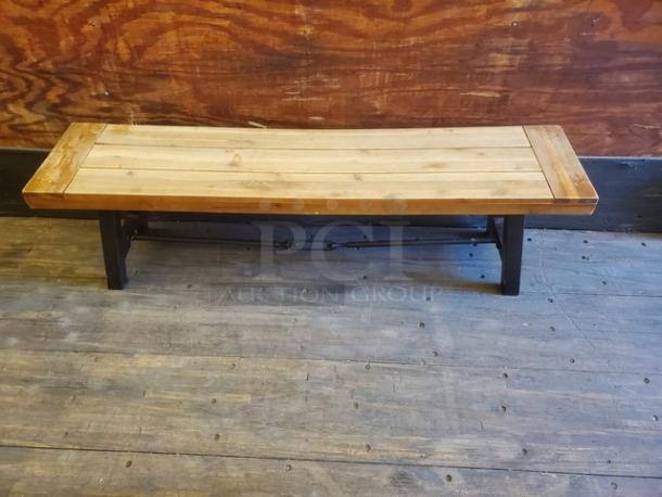 Lot of 2 wooden benches with sturdy legs, natural finish, and rustic design. Ideal for indoor or outdoor use.
