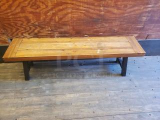 Lot of 2 wooden benches with slatted tops and metal legs. Natural wood finish, rustic style, minor wear visible.