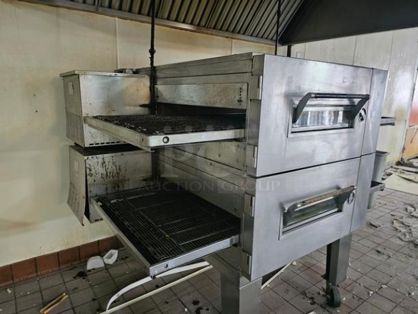 Lincoln Impinger double stack natural gas pizza conveyor oven, Model 1600-015-AR, stainless steel, used condition.
