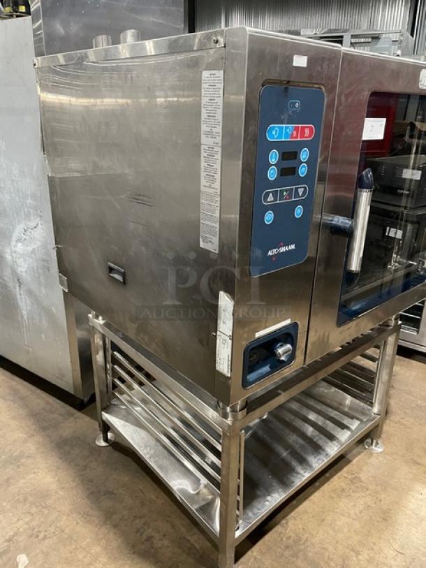 Alto-Shaam CTC7-20E 2017 commercial combi oven, stainless steel, with digital controls, pan-holding stand, on legs.