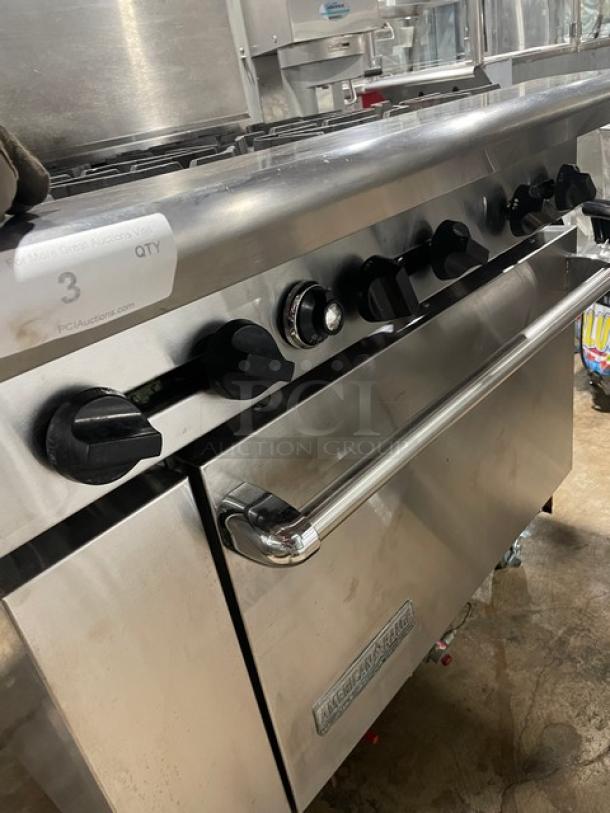 American Range commercial stainless steel 6-burner range/oven combo on casters, with backsplash and wired racks.