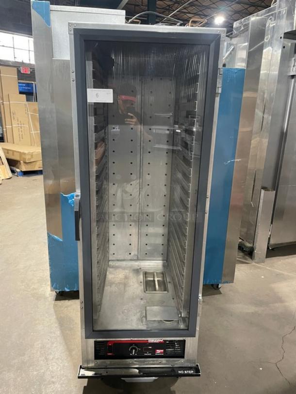 Metro Commercial Electric Heated Cabinet, Model C175-H(1)N, with glass swing door, built-in pan slides, on casters.