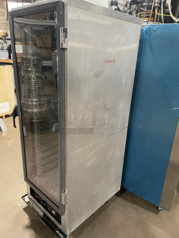 Metro C175H(1)N electric heated holding cabinet with glass door, built-in pan slides, on casters. Used condition.
