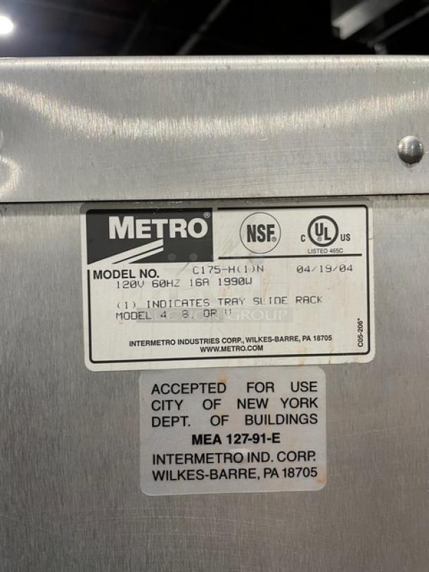 Metro Commercial Electric Heated Holding/Proofing Cabinet, Model C175-H(1)N, with built-in pan slides, on casters, featuring a single glass swing door. Item is NSF and UL certified, 120V, 60Hz, 16A, 1990W, accepted for use in NYC.