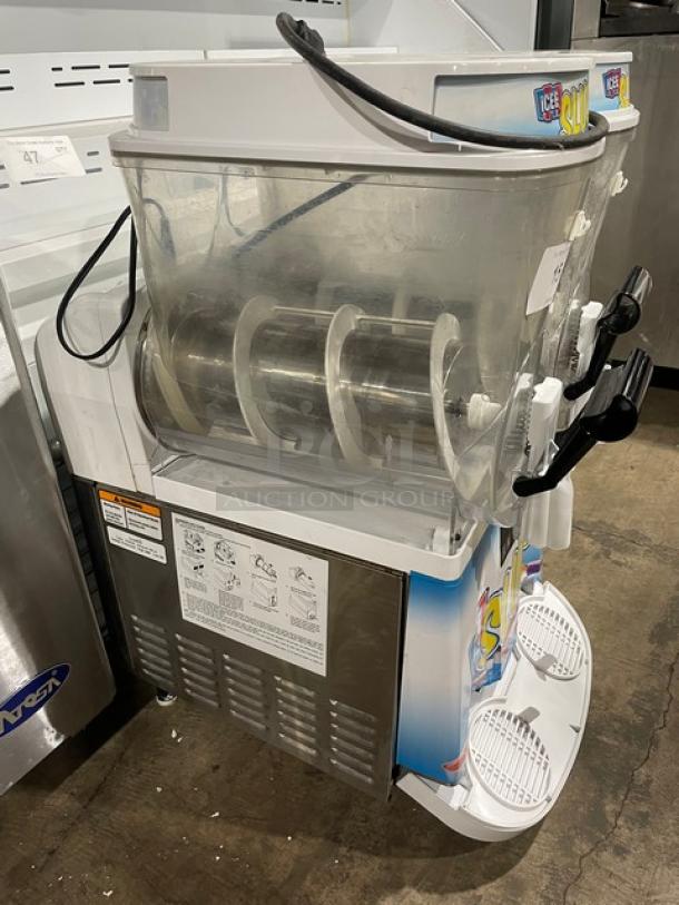 Bunn Ultra-2 slushy machine, white stainless steel, double dispensers, drip tray, on legs, 120V, SN: ULTR107509.