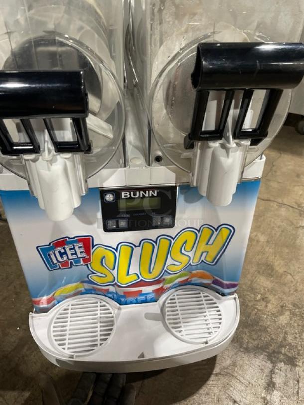 Bunn Ultra-2 ICEE Slush commercial beverage machine, white stainless steel, dual tanks, drip tray, electric, Model: Ultra-2.