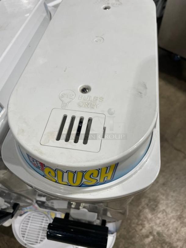 Bunn Ultra2 commercial slushy machine, white stainless steel, drip tray, countertop model, 120V, ULTR107509, on legs.