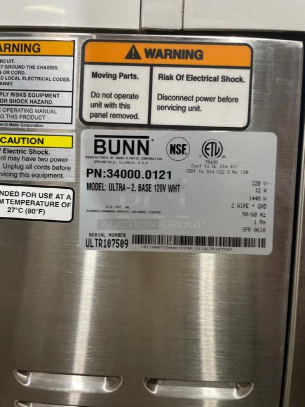 Bunn Ultra-2 commercial frozen beverage machine, stainless steel, with drip tray, 120V, serial ULTR107509, on legs.