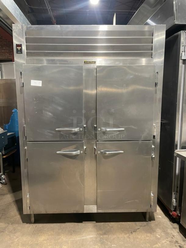 Traulsen Spec Line stainless steel 4 half door refrigerator, model AHT232WUT-HHS, with wire racks, built-in pan slides.