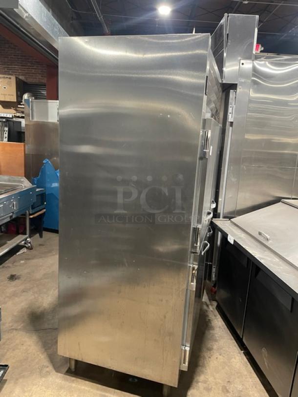 Traulsen Spec Line Series stainless steel refrigerator, four half doors, wire racks, built-in pan slides, model AHT232WUTHHS.