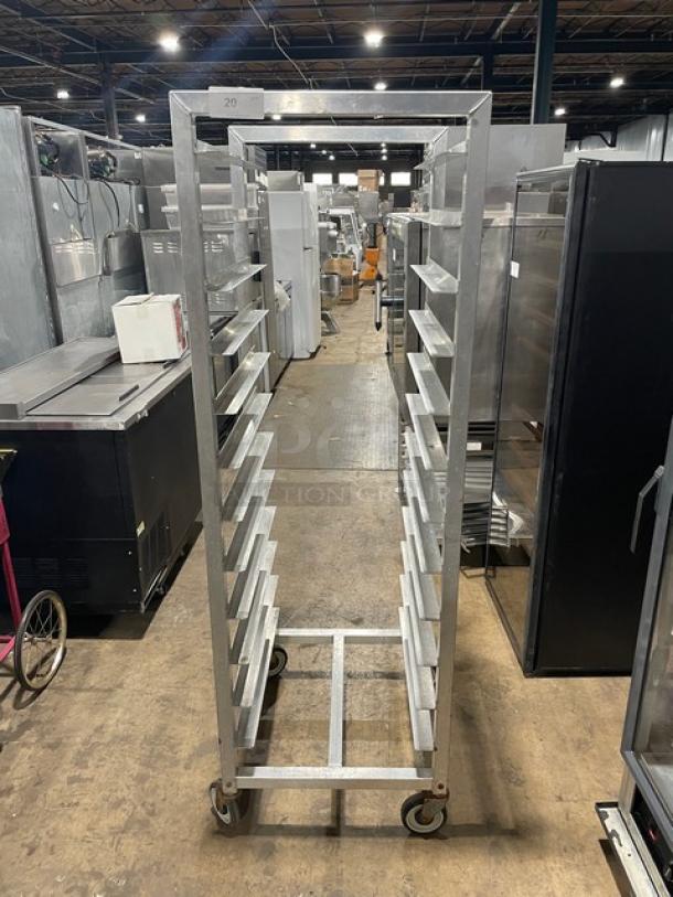 Alexander Industries commercial bun/sheet pan transport rack on casters, heavy-duty, metal, vertical slots, industrial use.