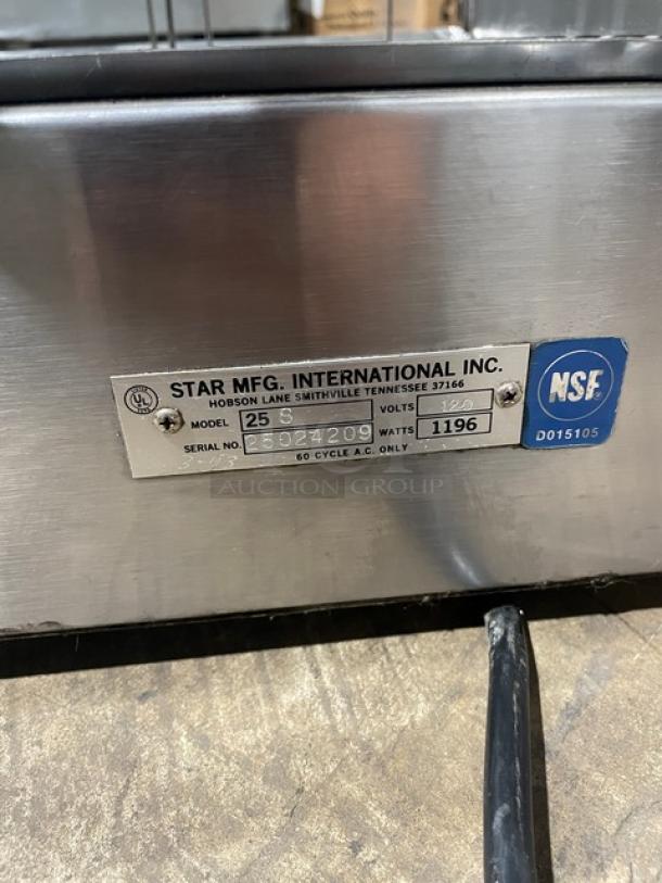 Star Commercial Stainless Steel Electric Hot Dog Roller, Model 258, SN: 25024209, 120V, with clear cover and legs.