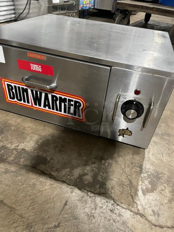 Star SST-25 stainless steel heated bun warmer drawer, 120V. Features a temperature dial and bun warmer label. Model SST25.