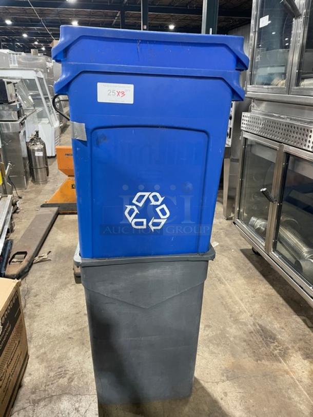 Assorted commercial blue recycle bins and gray trash can in used condition. Visible recycle logo and auction tag reading "25 X3."