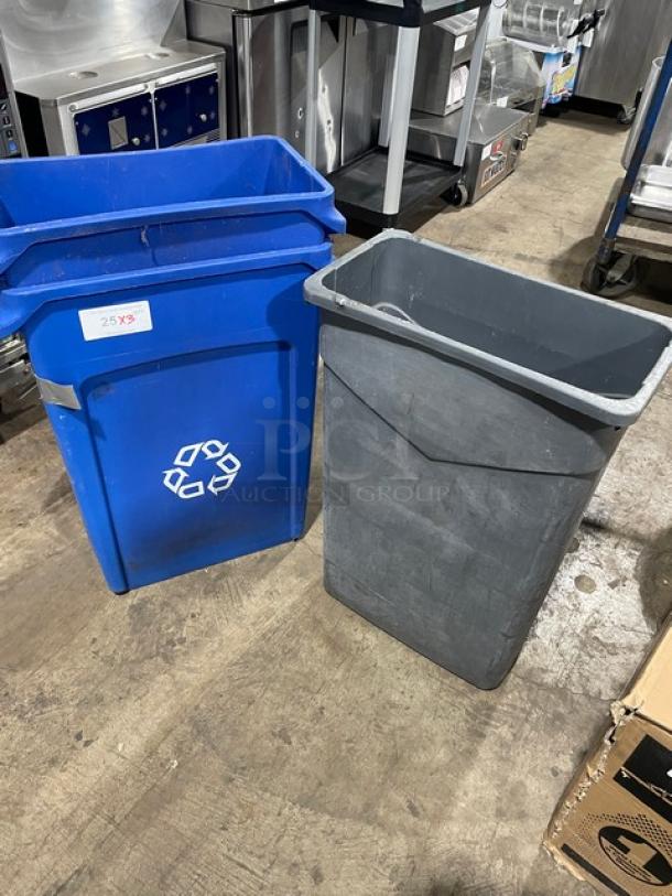 Assorted commercial blue recycle bin and gray trash can, sturdy plastic, used condition. Recycling symbol on bin front.