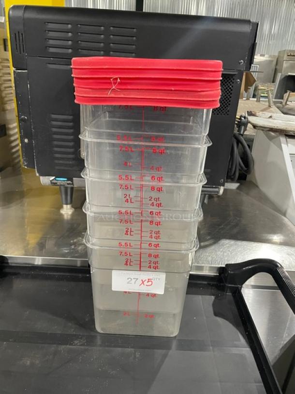 Cambro 8SFSCW 8 Qt. clear polycarbonate food storage container with red lid, marked with measurement lines, stack of five.