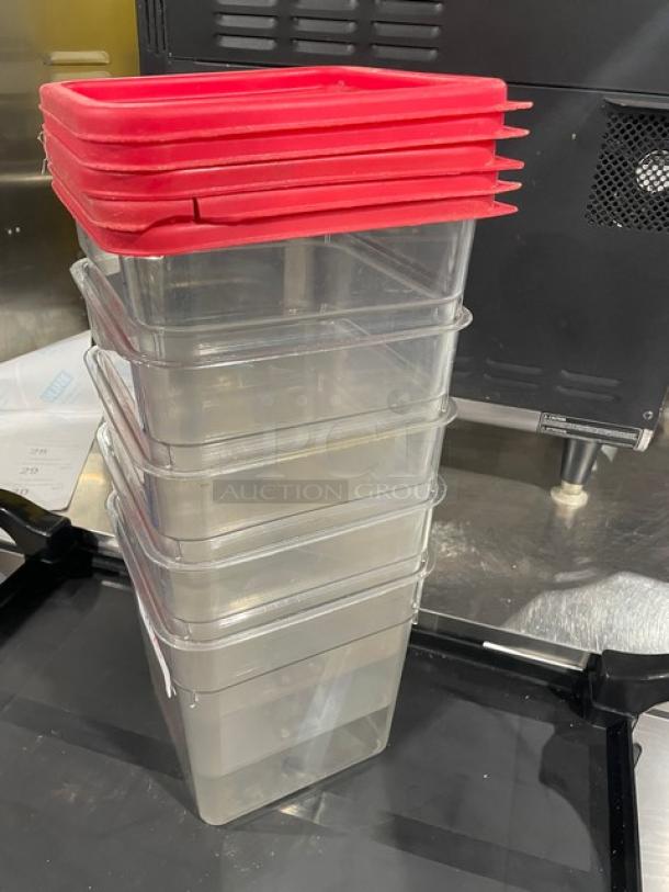 Cambro Commercial Clear 8 Qt. Polycarbonate Food Storage Containers with Red Lid, Model 8SFSCW, stack of five.