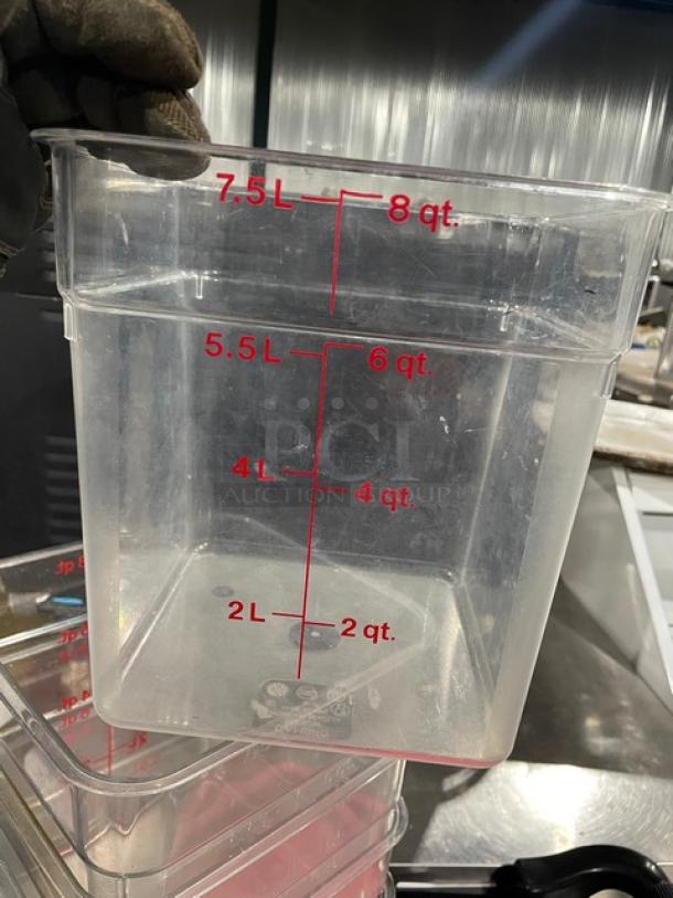 Cambro 8 Qt. food storage container, clear polycarbonate, model 8SFSCW, red measurements, includes red lid.