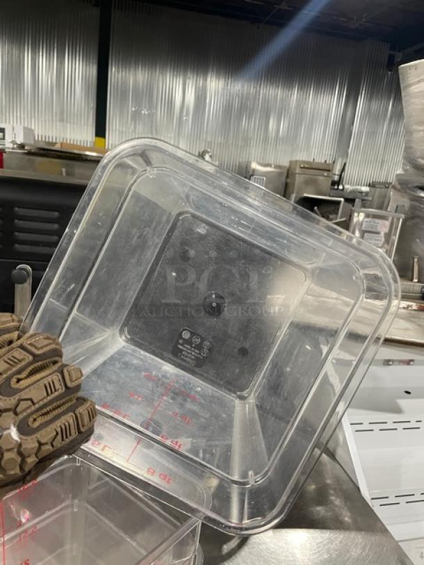 Cambro Model 8SFSCW clear polycarbonate 8 Qt. food storage container with red lid. Excellent condition, ideal for commercial use.