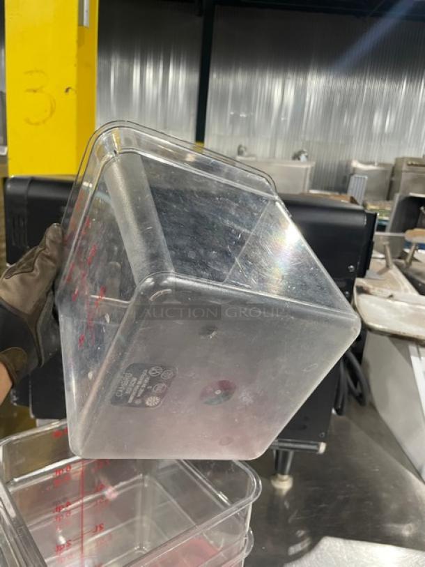 Cambro clear polycarbonate 8 Qt. food storage container, model 8SFSCW, with red lid. Used condition, visible measurement markings.