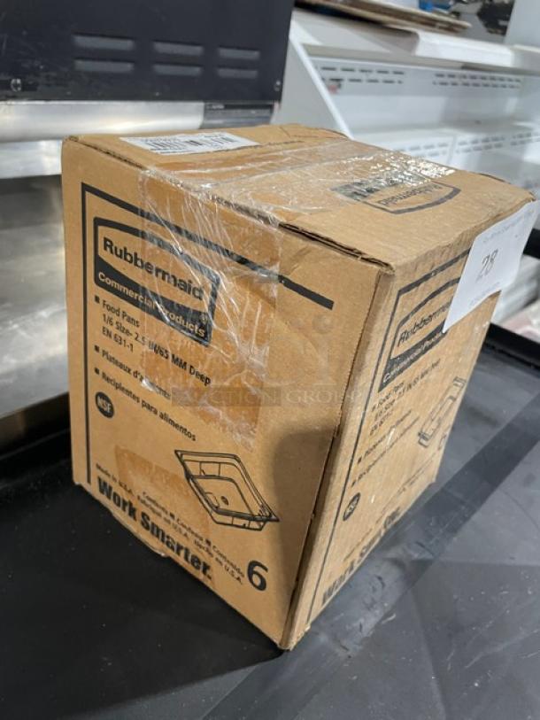 Rubbermaid High Heat Food Pan box, model FG204P00AMBR, new condition, contains six 1/6-size, 2.5" deep pans.