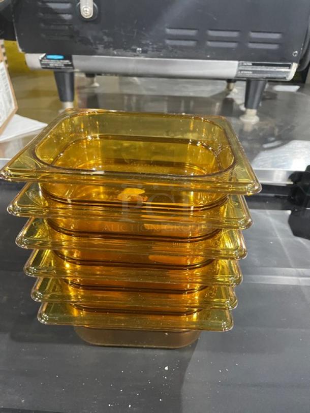 BRAND NEW Rubbermaid FG204P00AMBR Amber 1/6-Size 2.5" Deep High Heat Food Pans, stack of 6, durable and commercial-grade.