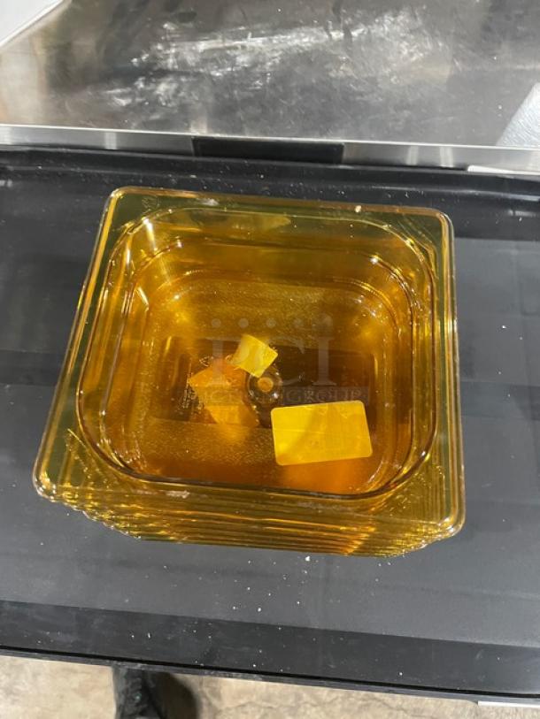 Rubbermaid Commercial Amber 1/6-Size 2.5" Deep High Heat Food Pan, Model FG204P00AMBR, brand new, stack of 6.