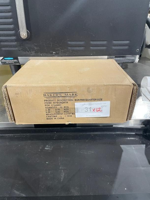 Baker's Mark 1/4-Size Commercial Bun/Sheet Pan, Model 407BUNQRTR, new in box, labeled quantity 31x20, made in China.