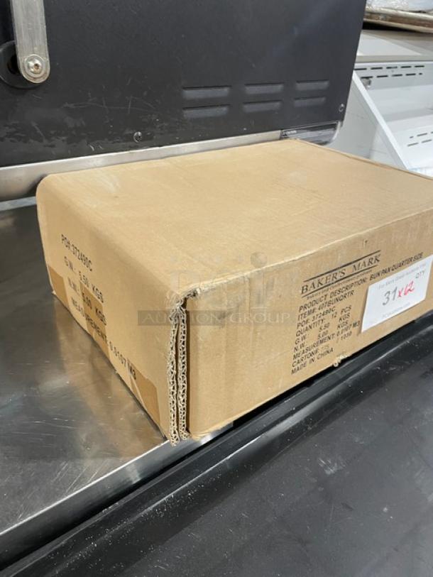 Brand new Baker's Mark 1/4-size bun/sheet pan, model 407BUNQRTR, in sealed box. Product details labeled on packaging.