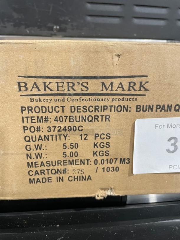 Baker's Mark 1/4-Size Sheet Pan, Model 407BUNQRTR, new in box, 12 pcs, made in China, packaging details visible.