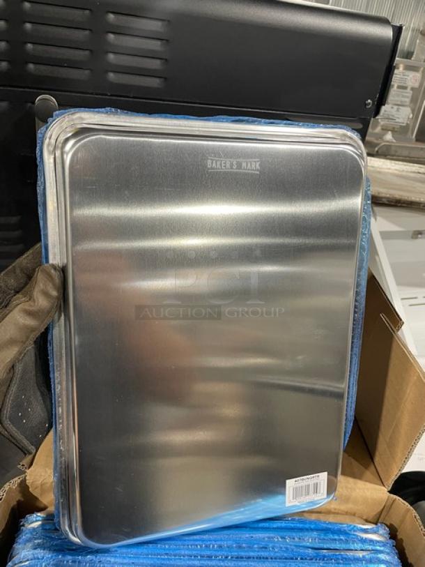 Brand new Baker's Mark 1/4-size sheet pan, model 407BUNQRTR, stainless steel, sealed, with visible Baker's Mark label.