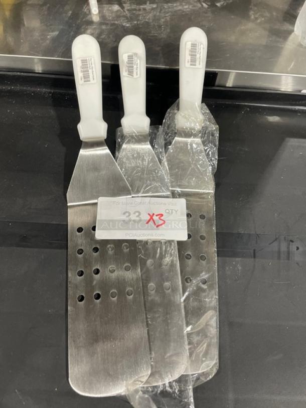 ABC Commercial Stainless Steel Perforated Turner, Model PFT10P, with white grip handle, set of 3, new condition.