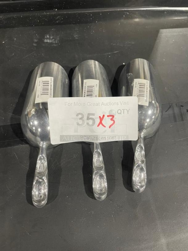 Brand new commercial cast aluminum 5 oz. scoops, Model ASC-05. Sold in quantity of three.