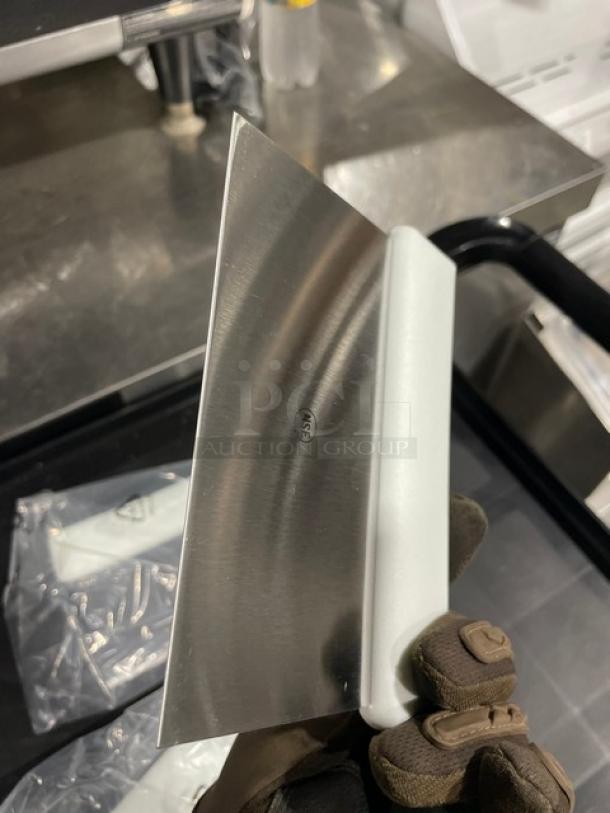 Jimmy John's stainless steel dough cutter with white grip handle, brand new condition.