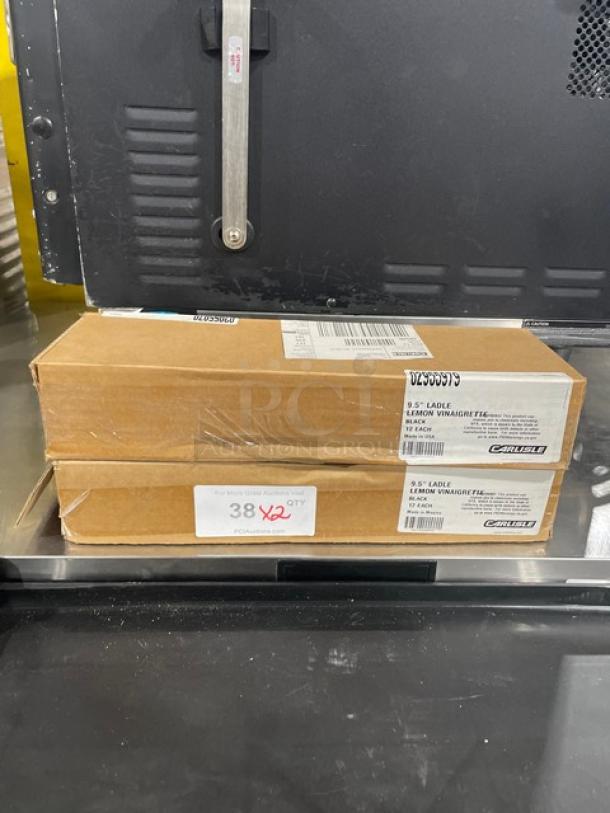 Brand new Carlisle 9.5" commercial lemon vinaigrette ladles, model 02955979, 12 per case, in original packaging.
