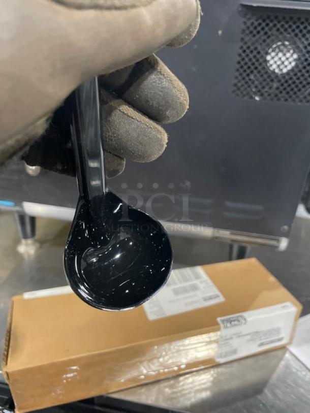 BRAND NEW Carlisle 9.5" black lemon vinaigrette ladle, model 02955979, shown with packaging box. 12 per case.
