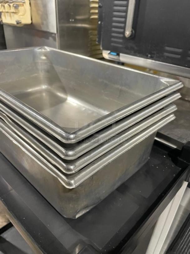 Vollrath Super Pan V Series Model 30062 stainless steel pans, stacked, commercial grade, excellent condition.
