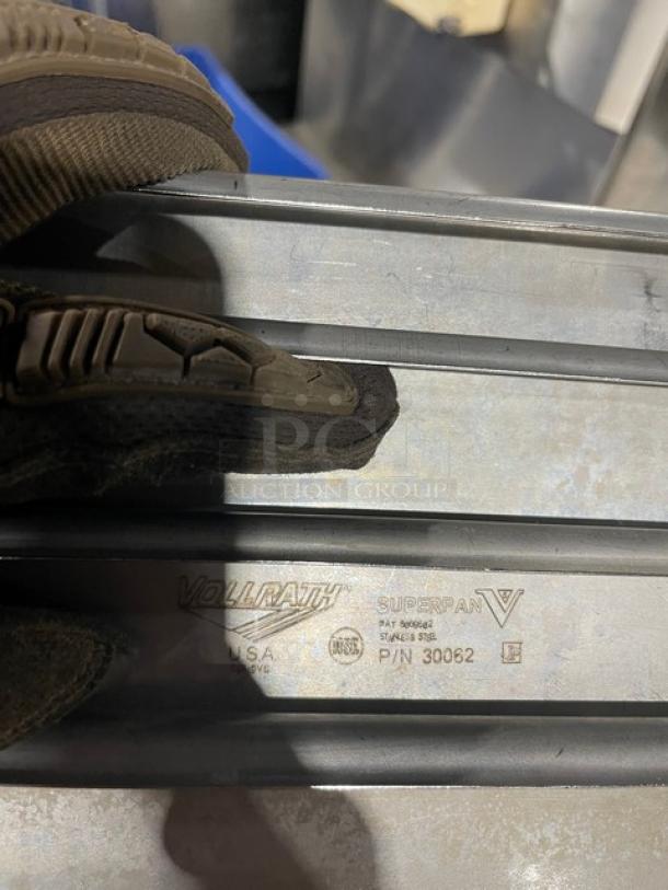 Vollrath Super Pan V Series stainless steel pan, model 30062, with visible markings and durable construction.