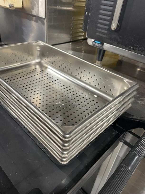Vollrath Super Pan V Series stainless steel perforated hotel pan, Model 30043. Stack of pans, excellent condition.