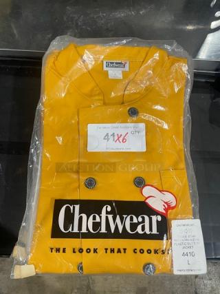 Brand new Chef Wear long sleeve button-down chef jacket, model 4410, large size in bright yellow, packaged with tags.