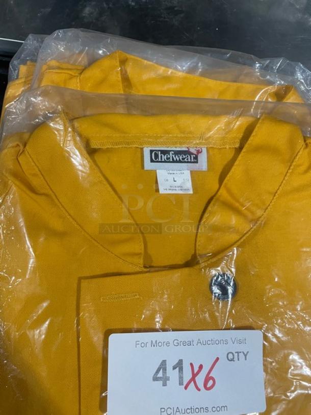 Brand new Chef Wear 4410 long sleeve button-down chef jacket, large size, in packaging with labels showing size and brand.