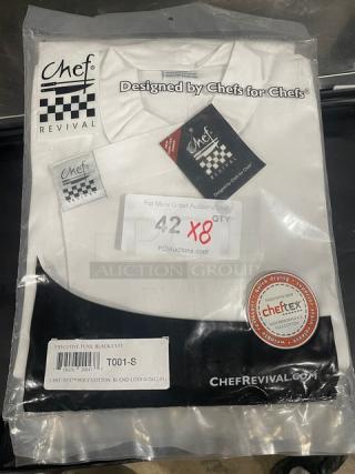 Brand new Chef Revival Executive Chef Tunic Jacket, model T001-S, size 42, in original packaging, with Chefs Revival branding.