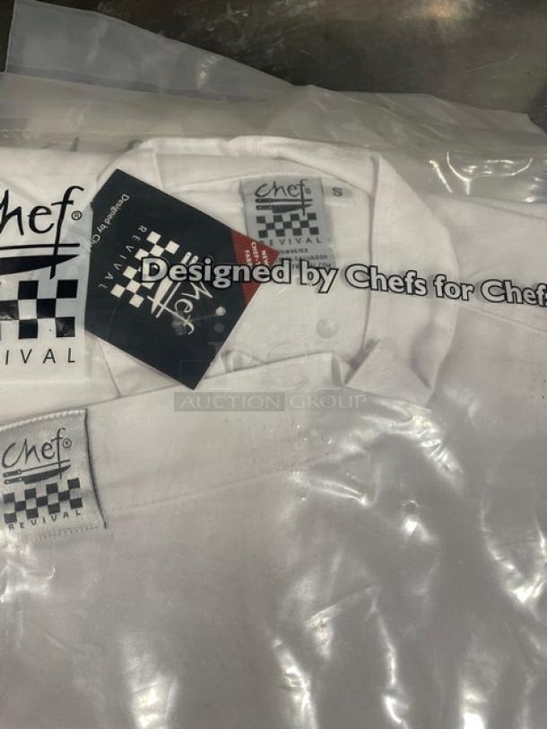 Brand new Chef Revival Executive Chef Tunic Jacket, model T001-S. White with tags, "Designed by Chefs for Chefs" label.