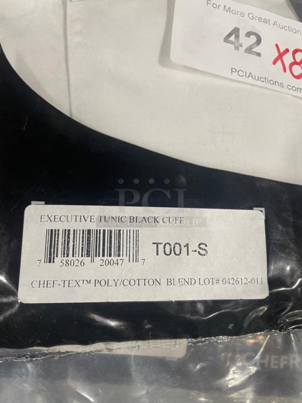 Brand new Chef Revival Executive Chef Tunic Jacket, model T001-S, poly/cotton blend, black cuff, in packaging.