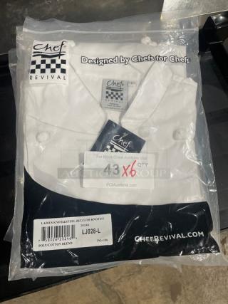 Brand new Chef Revival Ladies Knife & Steel Chef's Jacket, size large. Packaged, polycotton blend, tag shows model LJ028-L.