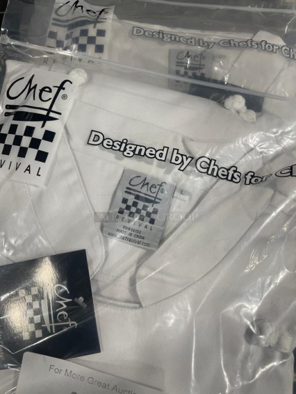 Brand new Chef Revival ladies knife & steel chef's jacket, size L, in packaging. "Designed by Chefs for Chefs" label.